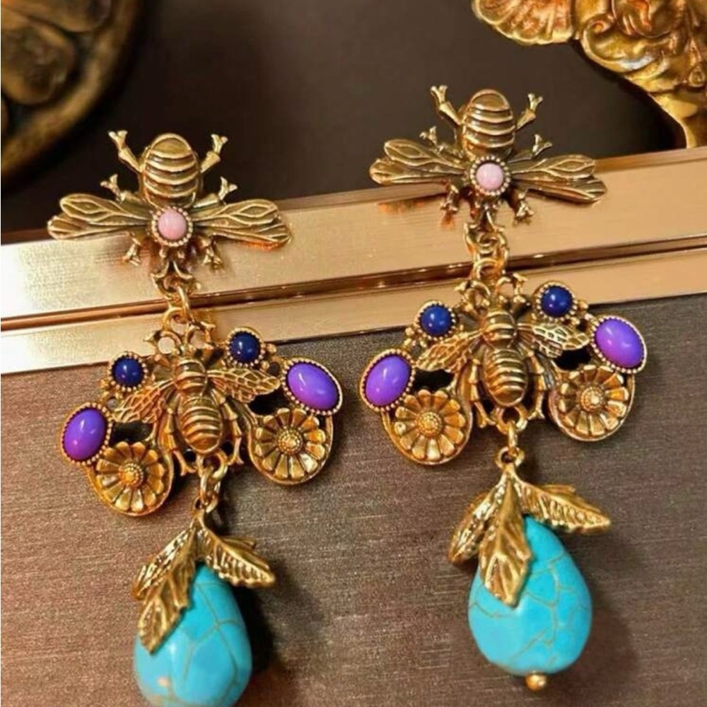 Elegant Gold Bee Earrings with Turquoise and Purple Stones